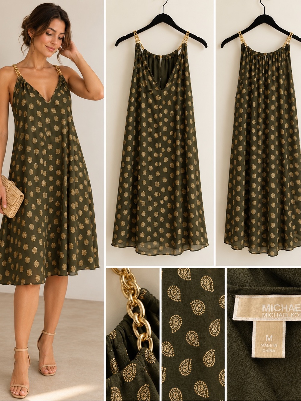 Michael Kors Olive Green Slip Dress with Gold Dot Print & Chain Straps